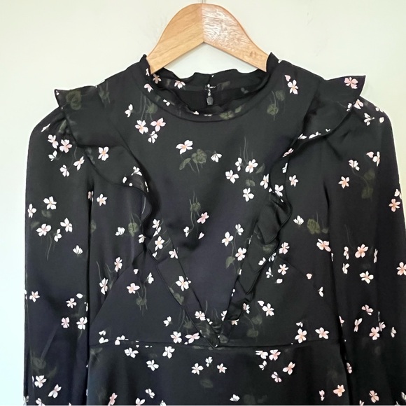 Ann Taylor black ruffle black floral long sleeve dress womens size 00P petite - Picture 6 of 13